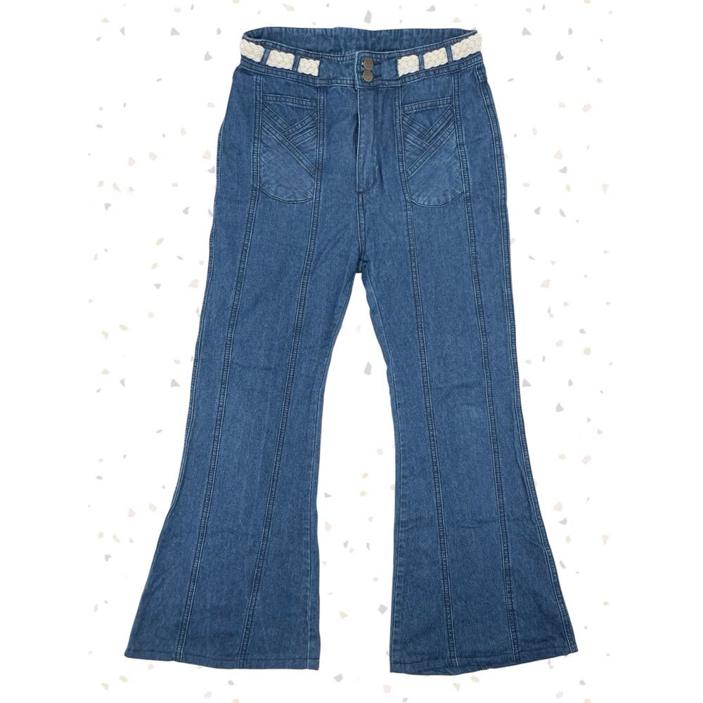 Spell Boulevard Flare Jeans Woven Belt High Waisted Blue Denim Retro Fit Size L
